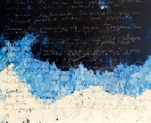 Ein Gemälde in schwar, hellblau und beige mit Schrift darauf.