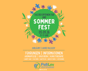 Ein Poster zum Sommerfest. Ein gelber Kreis mit Blumen drumherum und den Daten und Aktionen (siehe Beitragstext).